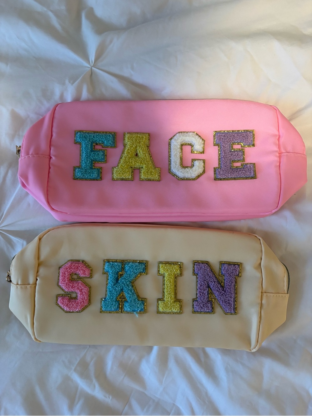 Preppy Pink 'FACE' Cosmetic Pouch & Cream 'SKIN' Makeup Bag Set never used
